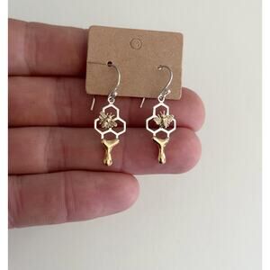 Sterling Silver Honeycomb Dangle Earrings with Honey and Bee